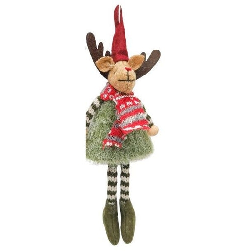 Decorative plush reindeer with a red hat, striped scarf, and green body christmas decoration