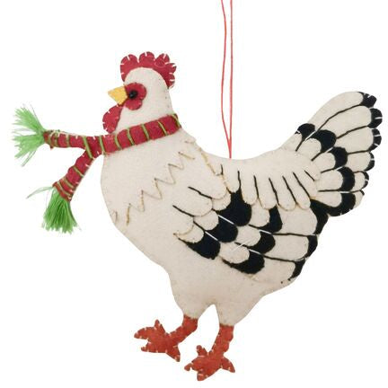 Decorative chicken christmas ornament with a red scarf 