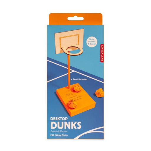 Packaging of 'Desktop Dunks' sticky notes with a basketball hoop design 