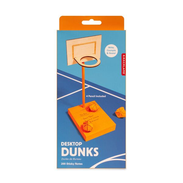 Packaging of 'Desktop Dunks' sticky notes with a basketball hoop design 