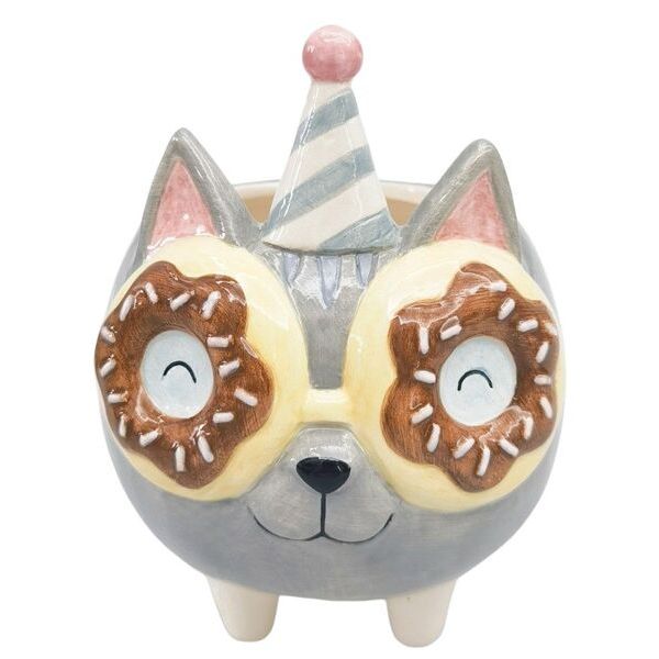 Cat-shaped decorative item with donut-themed glasses and a party hat 