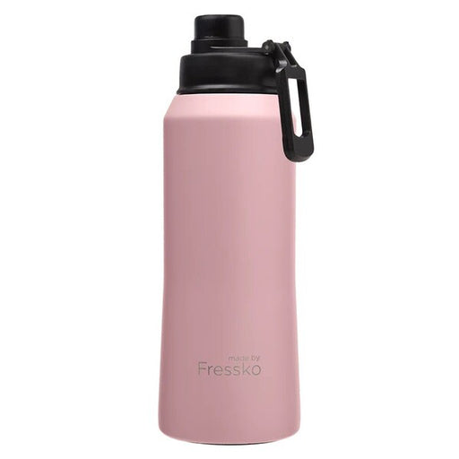 Pink water bottle with black cap fressko