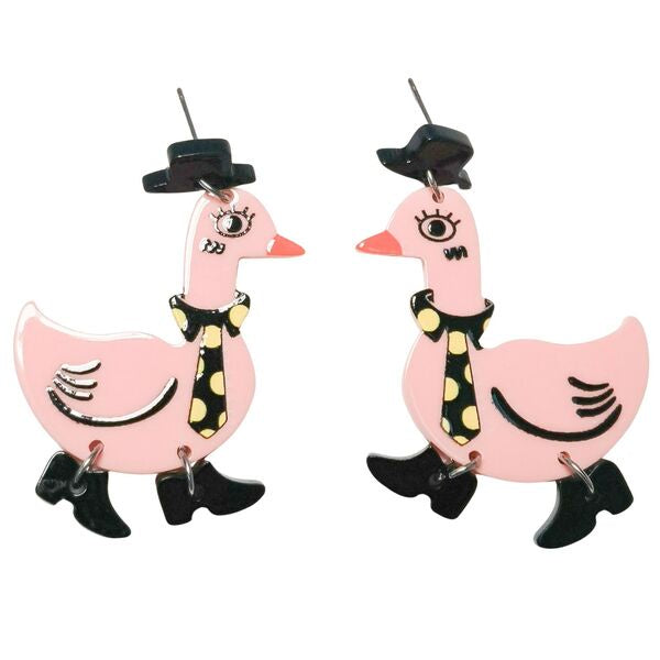 Pair of pink duck earrings with black hats and boots