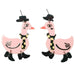 Pair of pink duck earrings with black hats and boots