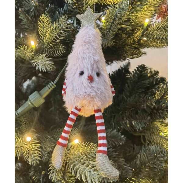 Decorative Christmas tree ornament with a face and striped legs 
