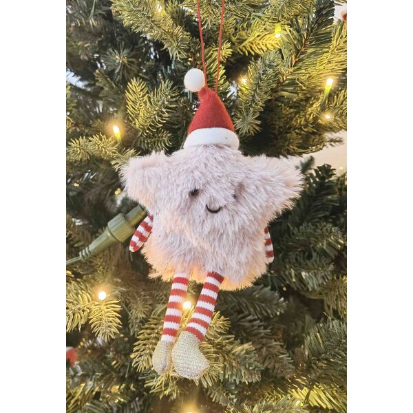 star-shaped Christmas ornament with a red hat and striped legs 
