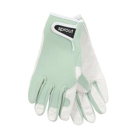 Pair of green and white gardening gloves with 'sprout' logo 