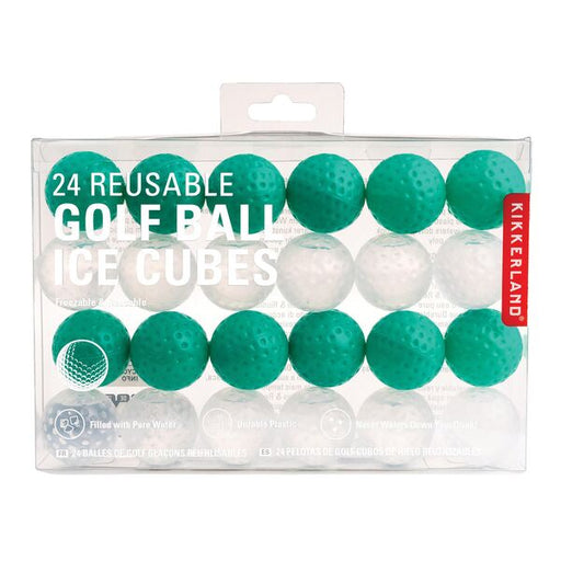Pack of 24 reusable golf ball ice cubes with Kikkerland branding.