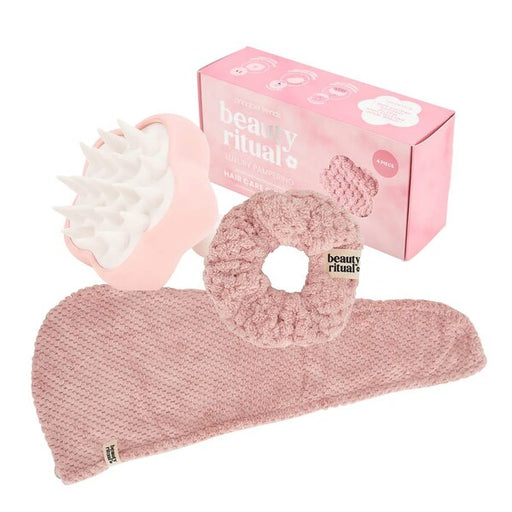 Pink hair care set with scrubber, scrunchie, and headband