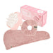 Pink hair care set with scrubber, scrunchie, and headband