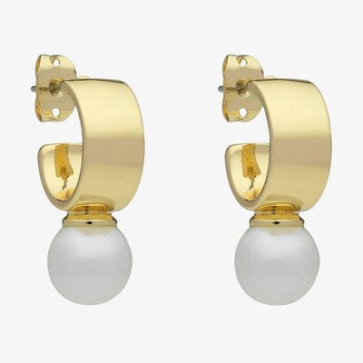 Gold hoop earrings with white spherical charms 