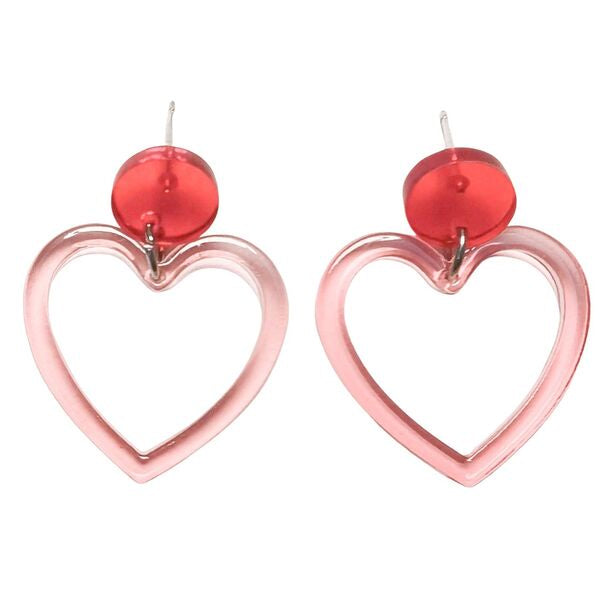 Heart-shaped earrings with red heart charms 