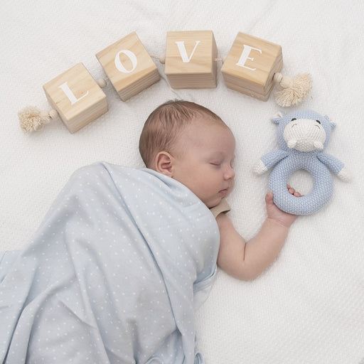 baby blue hippo rattle and wrap gift set for newborn