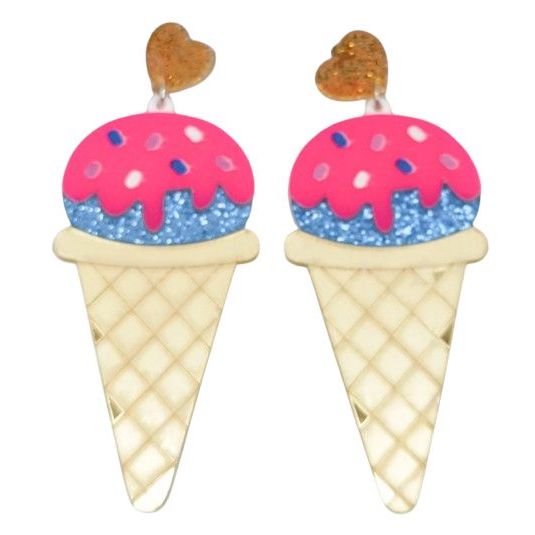 Ice cream cone earrings with pink and blue toppings 