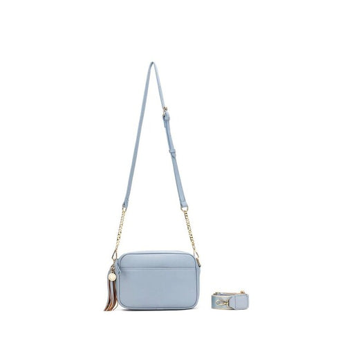 light blue vegan leather handbag