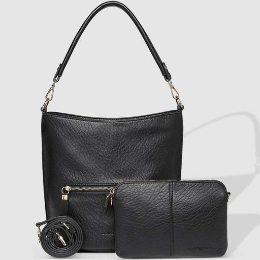 black vegan leather louenhide strap handbag set