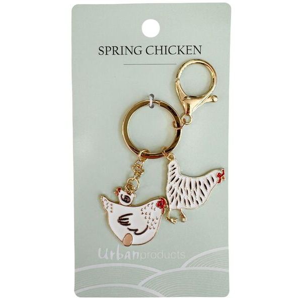Keychain with chicken design on a labelled 'Spring Chicken' by Urban products.