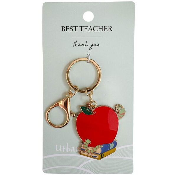 Keychain with red apple and books design on a 'Best Teacher Thank You' card