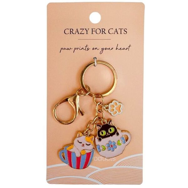 Keychain with cat-themed charms on a 'Crazy for Cats' branded card