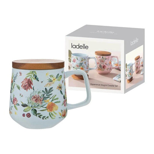 Floral mug with wooden lid /coaster and Ladelle packaging 