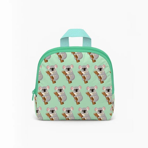 Small backpack with koala pattern on a light green background
