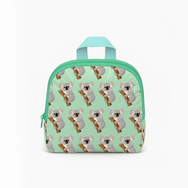 Small backpack with koala pattern on a light green background