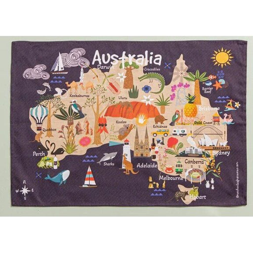Map of Australia with various icons and illustrations on a tea towel souvenir
