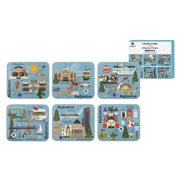 Set of six Melbourne-themed coasters 