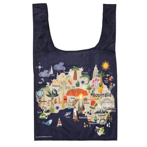 Navy blue reusable bag with a colourful map of Australia 