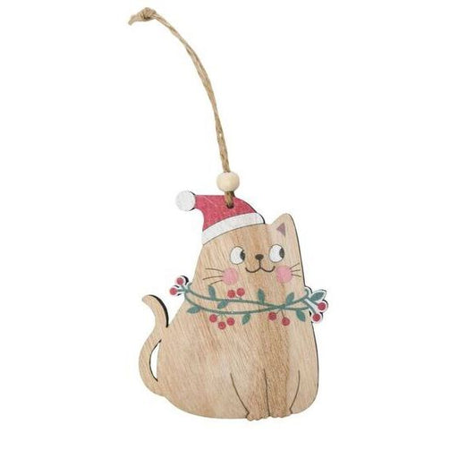 Wooden cat ornament with a Santa hat and Christmas wreath 