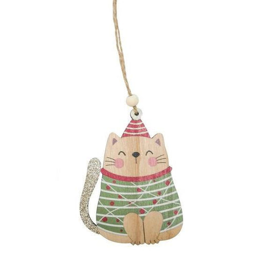 Wooden cat ornament wearing a green sweater and red hat background