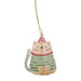 Wooden cat ornament wearing a green sweater and red hat background