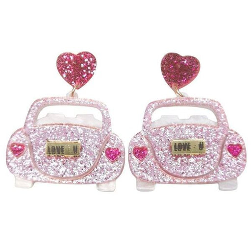Pink glittery car-shaped earrings with heart 