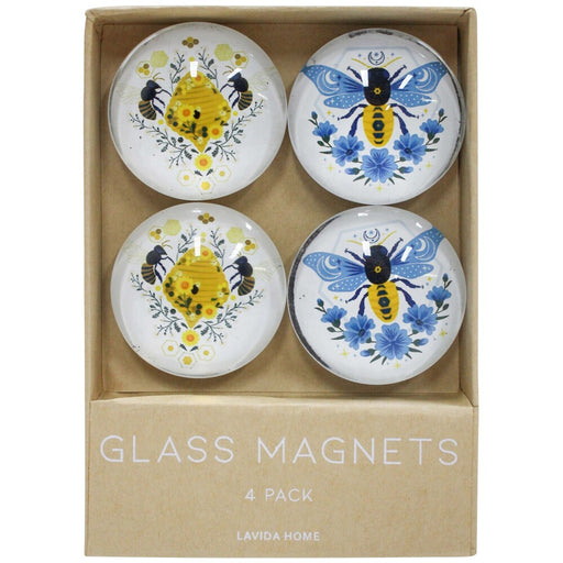 set of four bee themed glass magnets