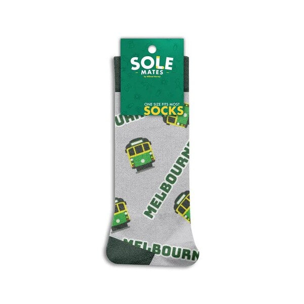 Gray sock with green tram design and 'Melbourne' text