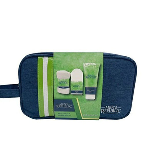mens body products in toiletry bag