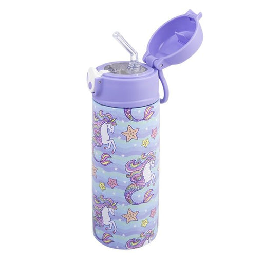 kids water drink bottle with straw unicorns mermaids purple lilac