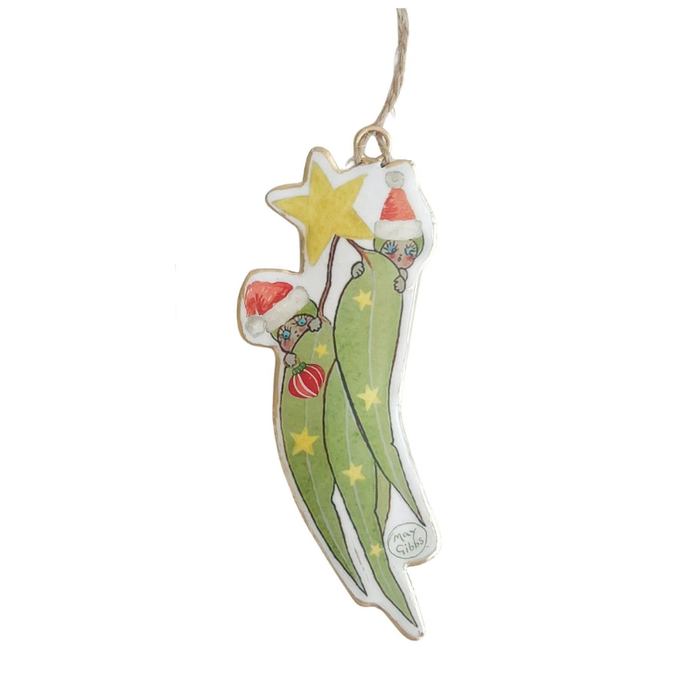 May Gibbs Gumnut Babies with Leaves & Bauble Metal Hanging Decoration 13cm
