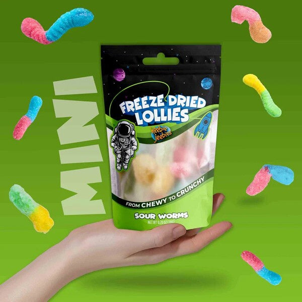 Packaged freeze-dried lollies with colourful sour worms 