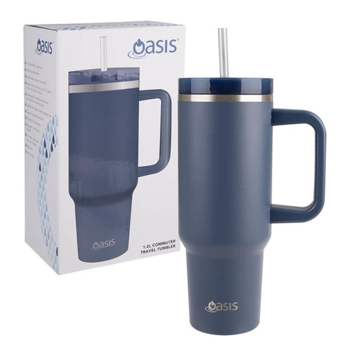 blue oasis commuter tumbler water bottle with straw