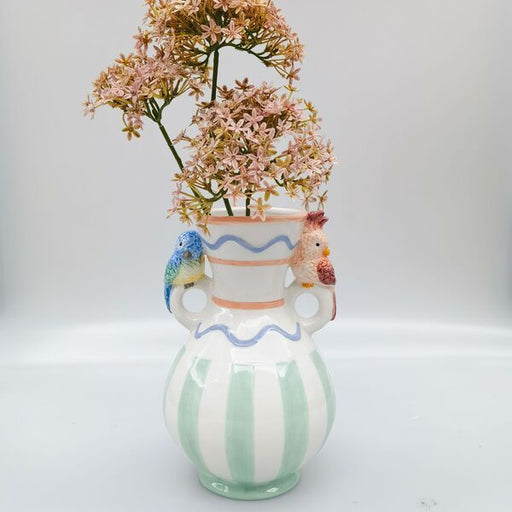Striped vase with bird handles 