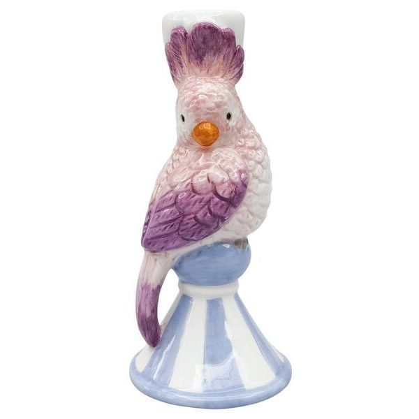 Decorative ceramic bird candle stick holder with pink and purple feathers on a blue and white pedestal