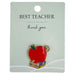 Red apple pin on a card with 'Best Teacher' and 'thank you' text