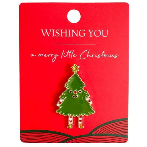 Green Christmas tree pin on a red card with 'Wishing You a Merry Little Christmas' text