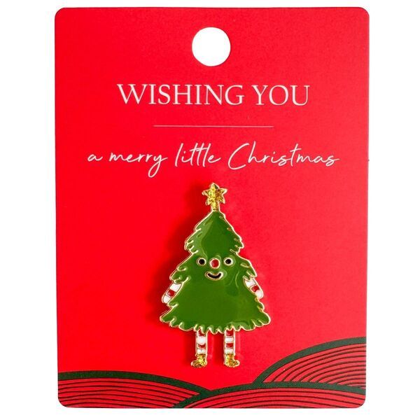 Green Christmas tree pin on a red card with 'Wishing You a Merry Little Christmas' text