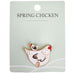 Chicken-shaped brooch on a 'Spring Chicken' card 