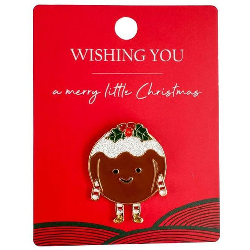 Christmas pudding pin on a red card with 'Wishing You a Merry Little Christmas' text