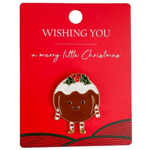 Christmas pudding pin on a red card with 'Wishing You a Merry Little Christmas' text