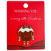 Christmas pudding pin on a red card with 'Wishing You a Merry Little Christmas' text