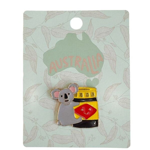 Pin with a koala holding australian vegemite